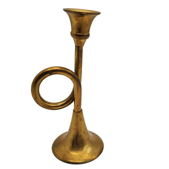 Brass Horn Candle Holder Trumpet Bugle Musical Instrument Home Decor Candlestick - Picture 2 of 6